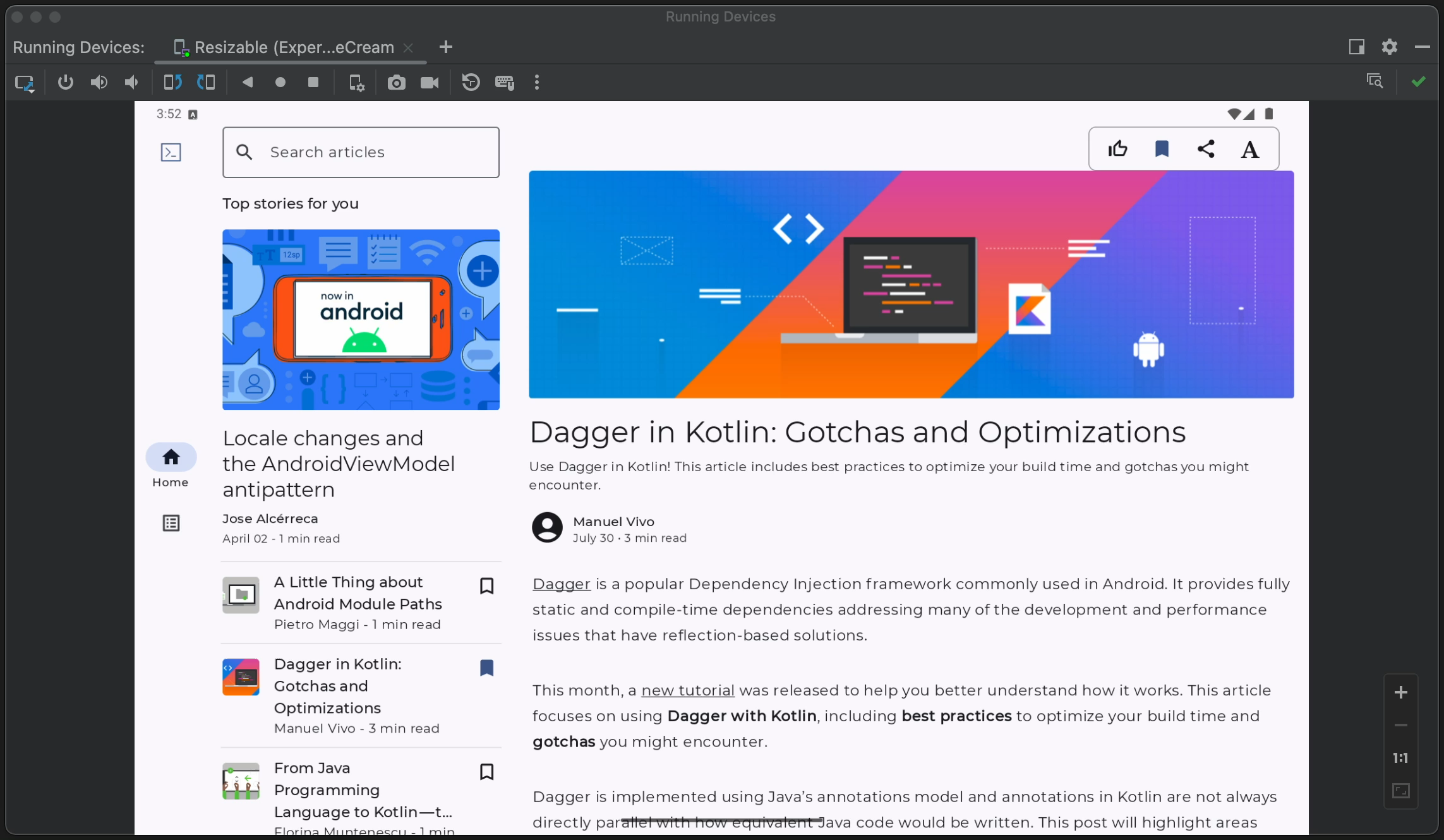 Android Emulator showing a resizable device.