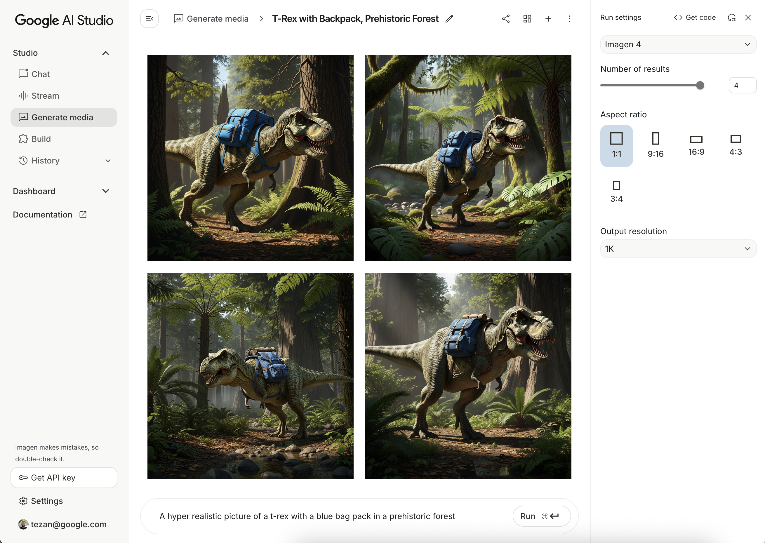 A screenshot of the Google AI Studio interface,
      displaying four generated images of a T-Rex with a blue backpack in a
      prehistoric forest.