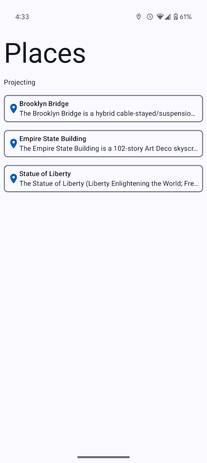 The line of text displaying the projection state now says 'Projecting' since the phone is connected to the DHU.