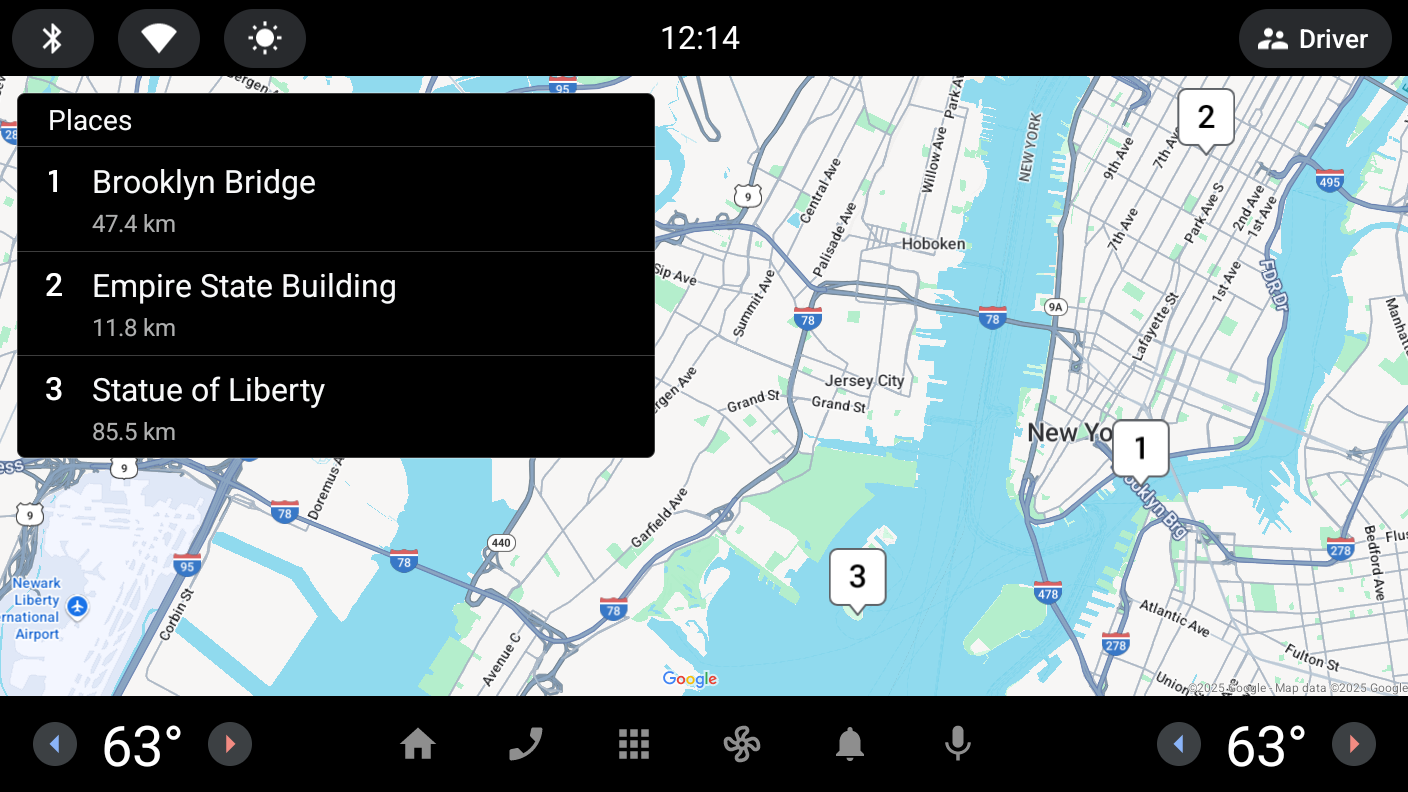 A list of locations is shown on the left side of the screen and a map with pins corresponding to the locations is shown behind it, filling the rest of the screen.