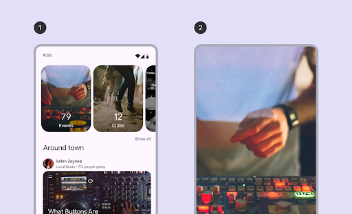 An uncontained and full-screen carousel type shown next to each other. The uncontained carousel type has multiple carousel items, while full-screen has one item taking up the screen