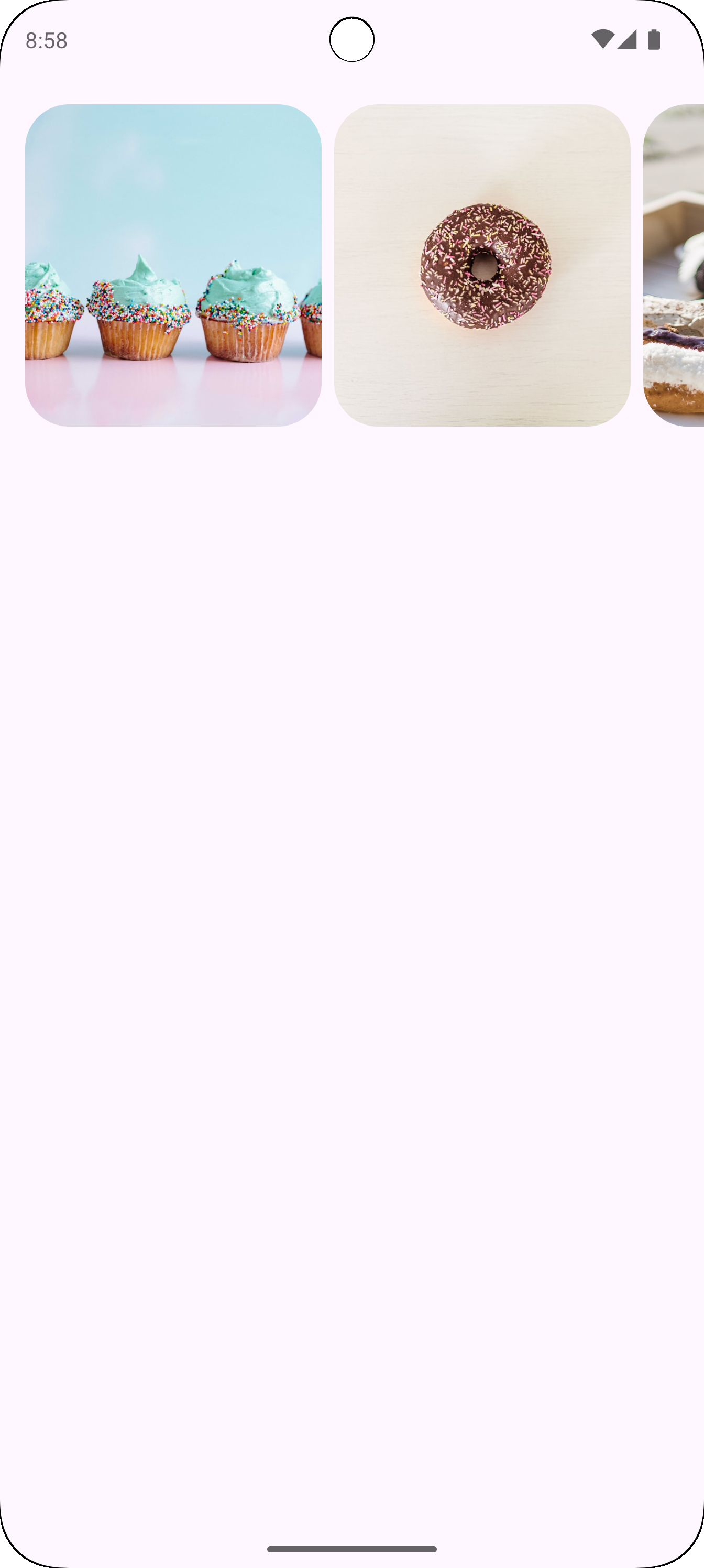 An uncontained carousel with 3 items. The last item is partially visible, but not clipped.