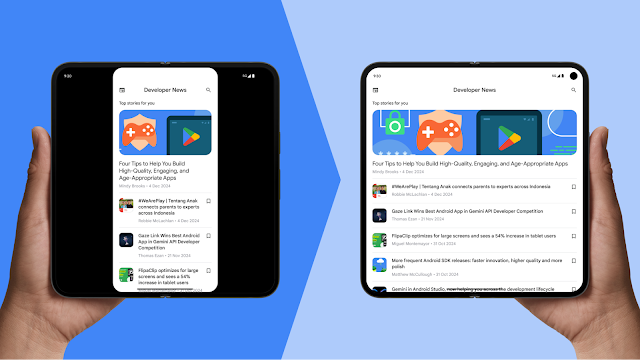 App is letterboxed on an unfolded large screen device prior to Android 16, but is full screen when targeting Android 16. App shows more news items when full screen than when letterboxed.