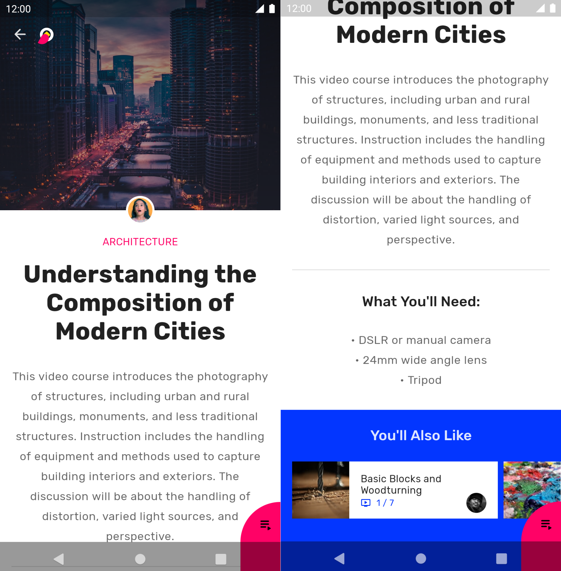 Screenshot of an app demonstrating nested themes, with a pink theme for the main screen and a blue theme for a related section