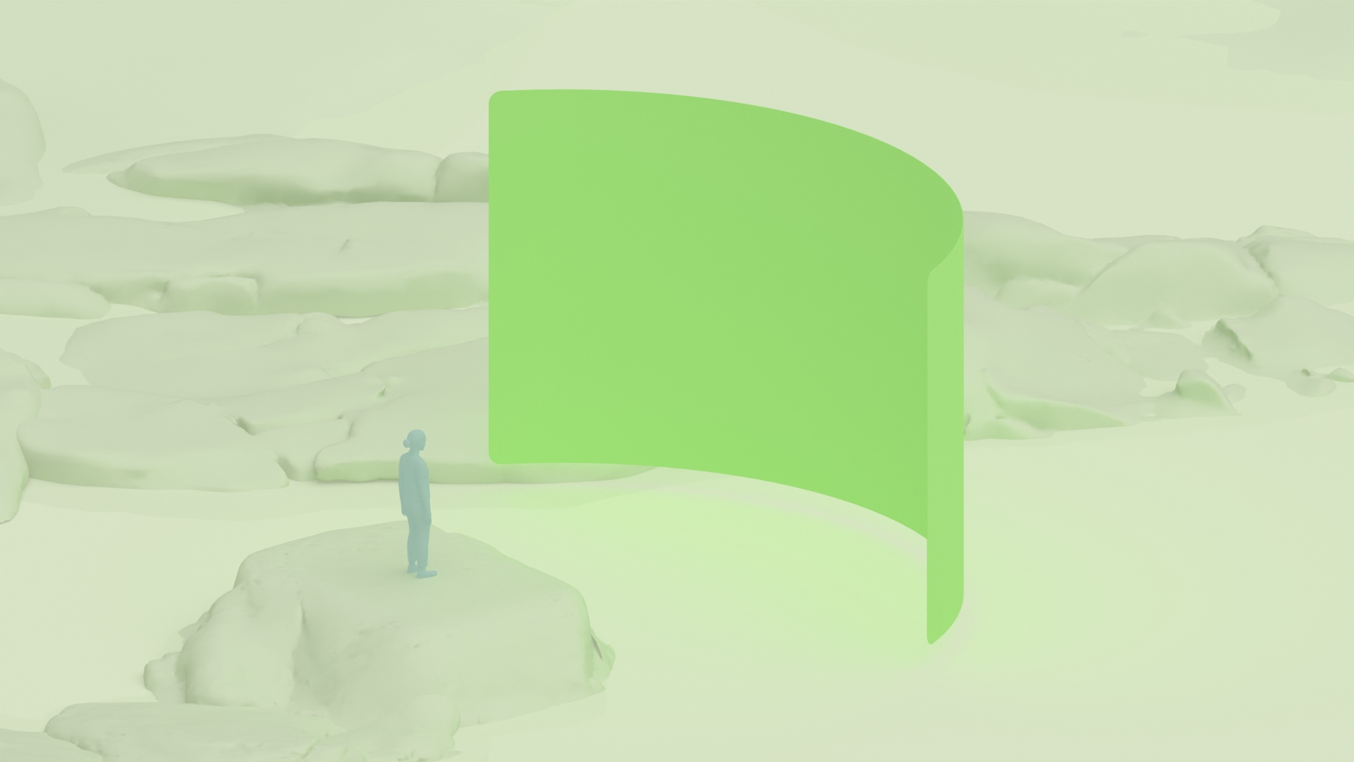 A person standing in a rocky spatial environment with a large UI panel in
mid-field.