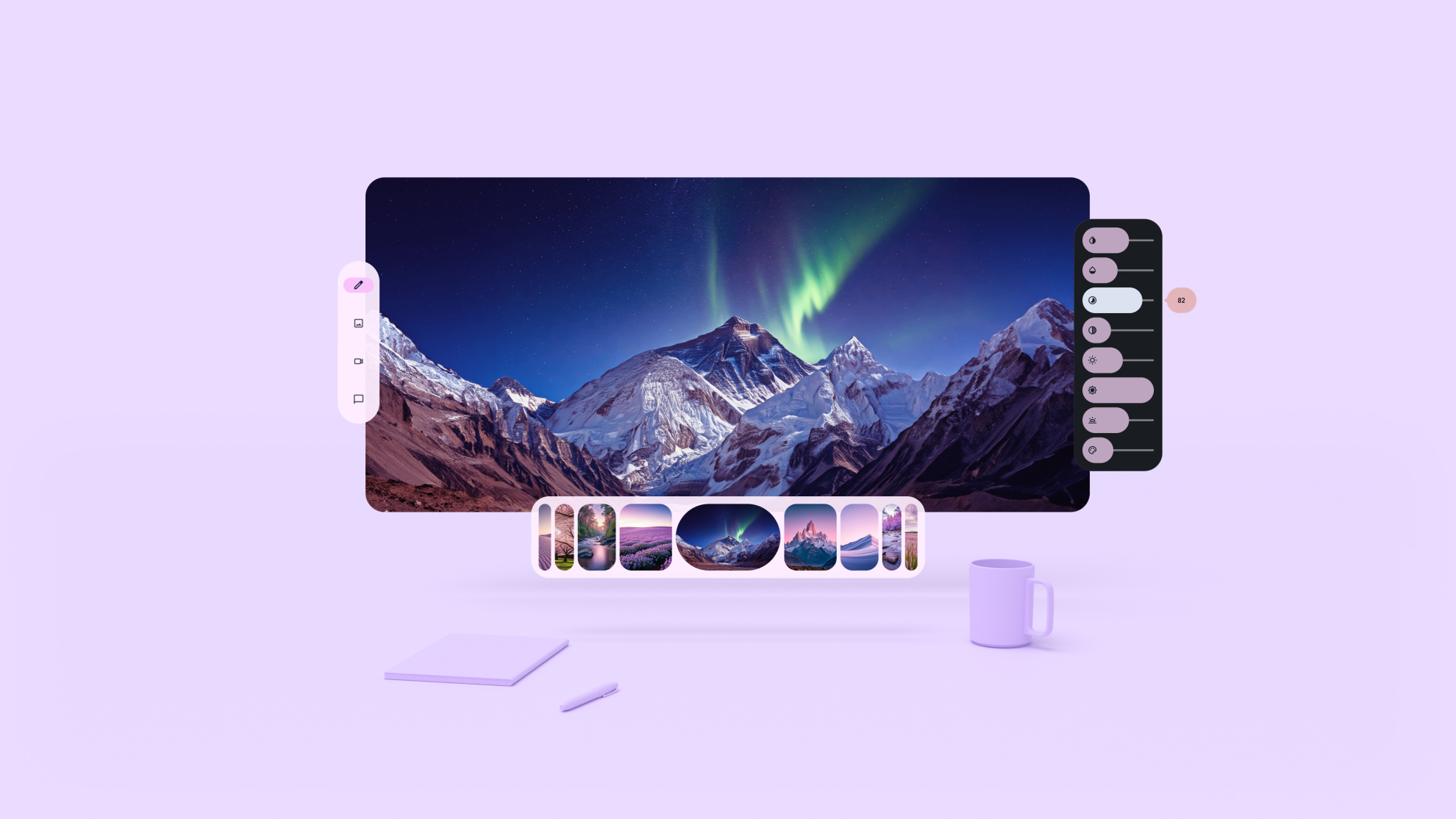 An Android XR app with the Northern Lights and a snowy mountain. Three user
control menus are in orbiters. They are elevated above the main panel, one to
its left, right, and bottom
sides.