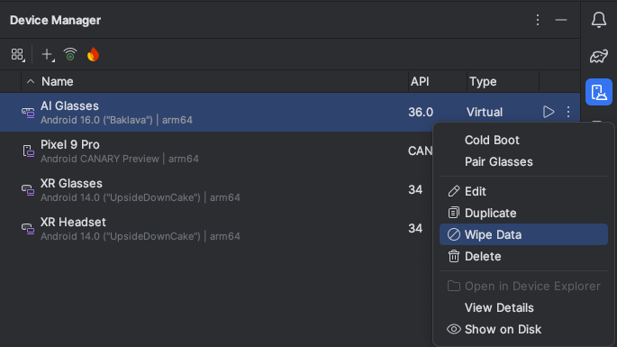 Click "Wipe Data" to start the AI glasses emulator while wiping user
data.