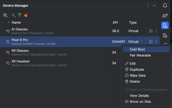 Click "Cold Boot" to start the phone emulator with a cold
boot.