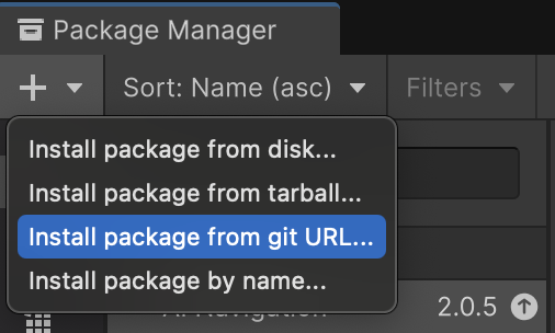 Example of the Install package from git URL button in the UI