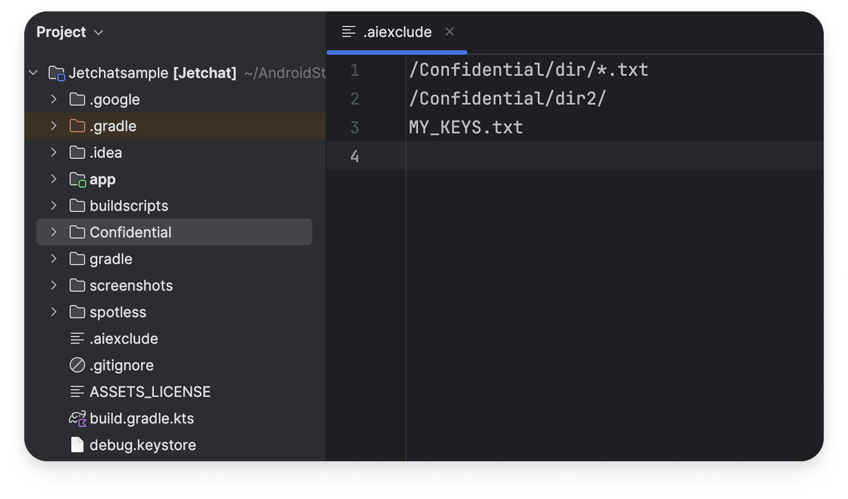 Screenshot of .aiexclude config file