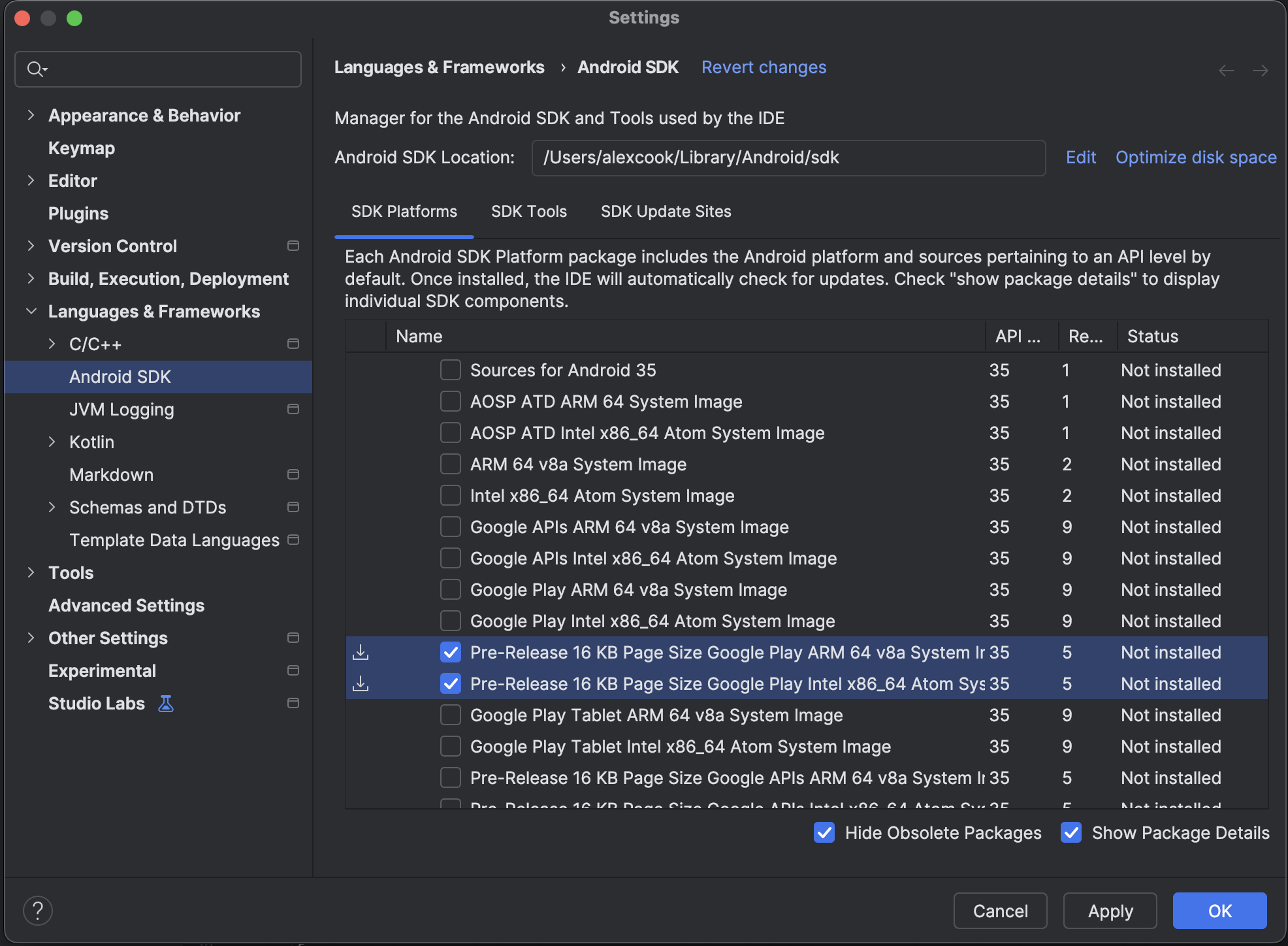Download 16 KB emulator system images using the SDK Manager in
  Android Studio