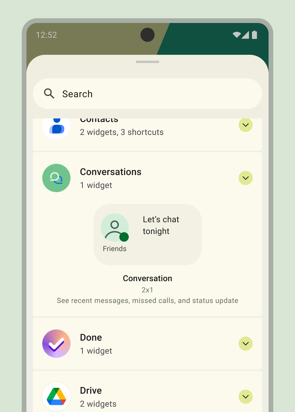 Widget picker UI to add a new conversation widget