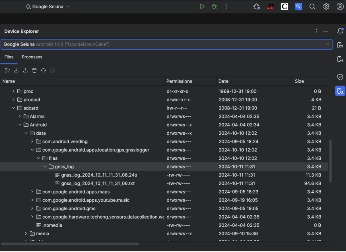 Android Studio Device Explorer showing log files