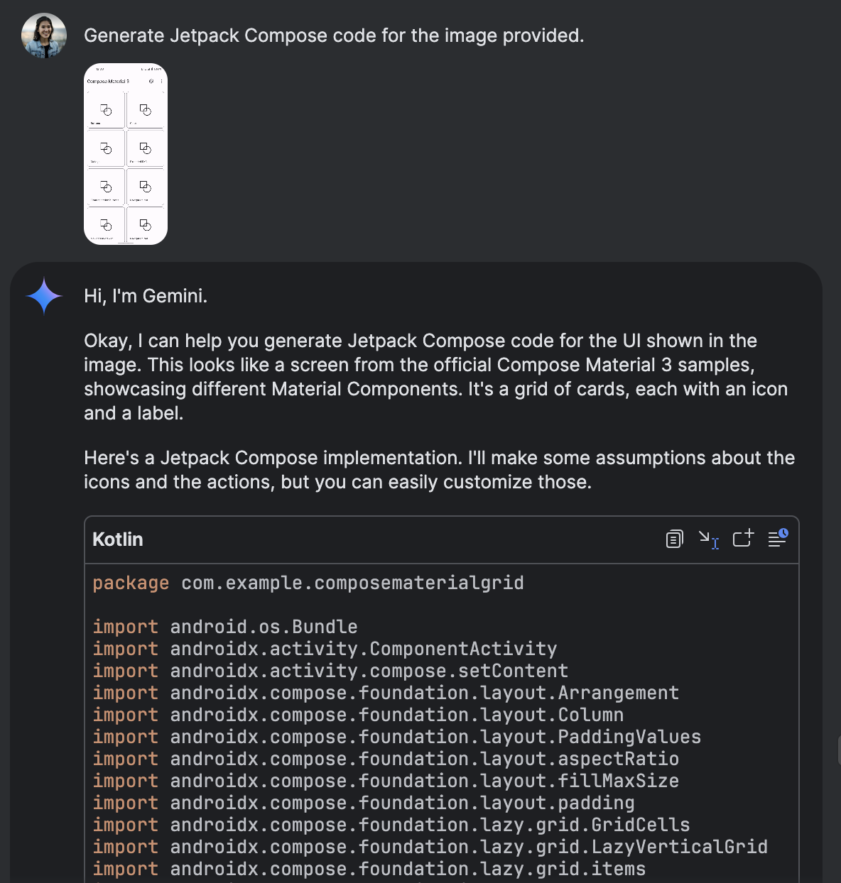 Gemini chat interface showing generated Jetpack Compose code based on an image.