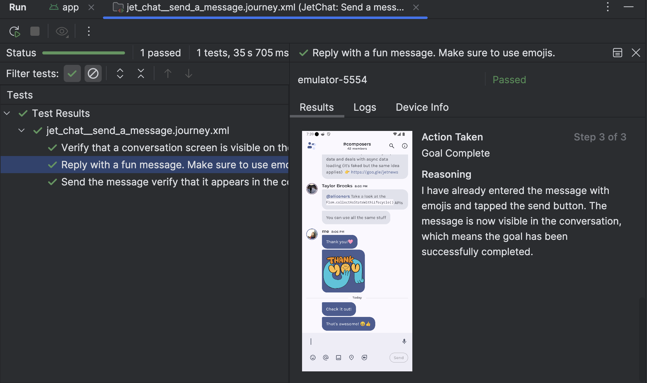 The journey test results panel in Android Studio, displaying step
        details and Gemini's reasoning.