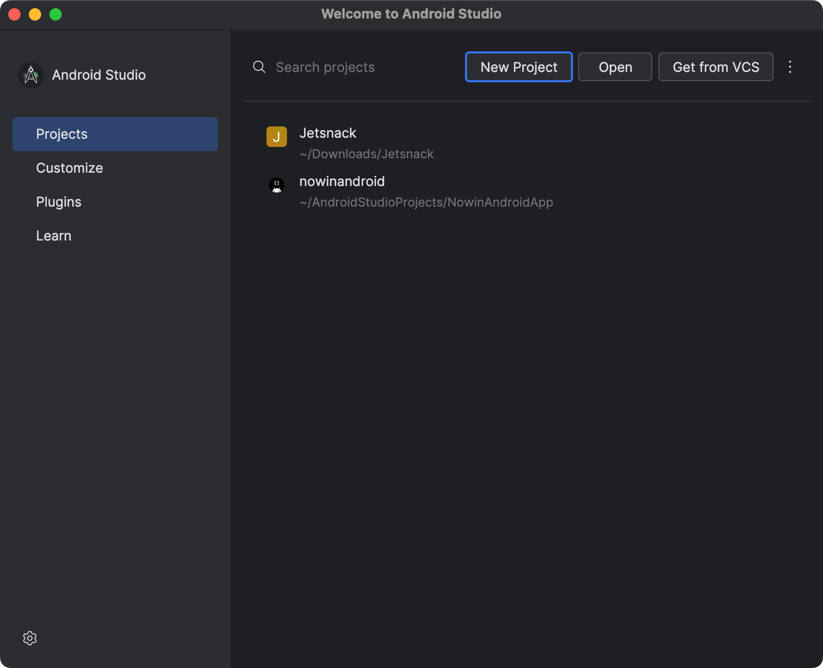 The Welcome to Android Studion screen, which has the New Project, Open, and Clone Repository buttons.