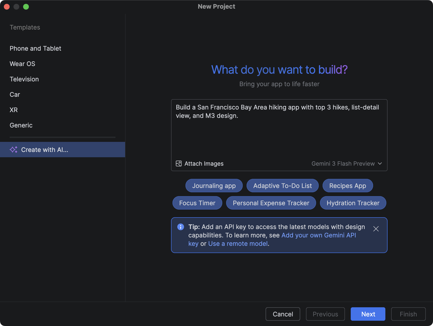 The Create with AI dialog containing the prompt: A fitness
         tracker for a phone and watch, tracking running and cycling. The
         dialog includes buttons for selecting various types of apps,
         including a fitness tracker button.