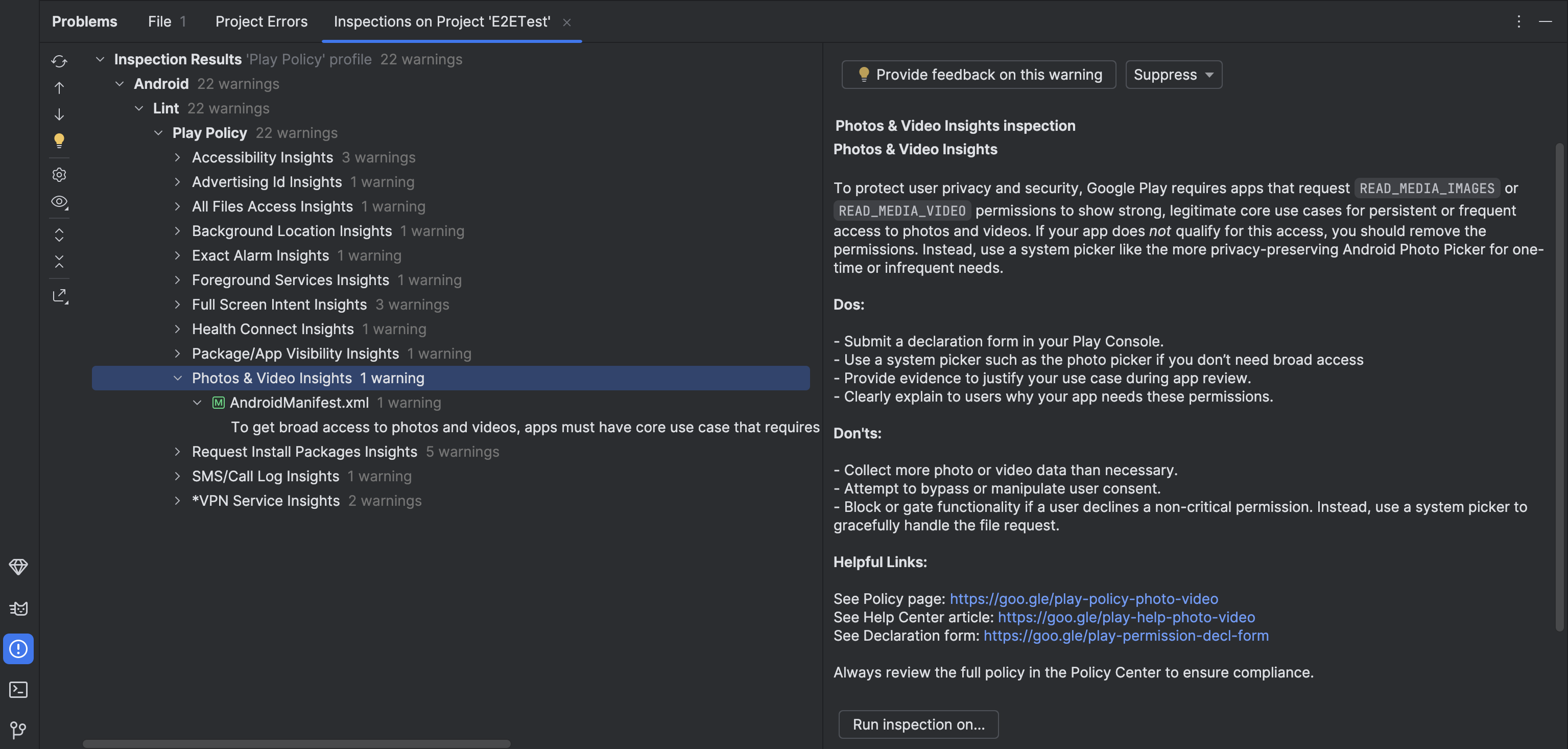 Play Policy Insights in Android Studio
