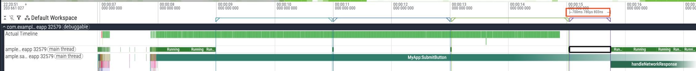 Perfetto UI showing the fourth sleeping interval within the
 MyAppSubmitButton trace slice.
