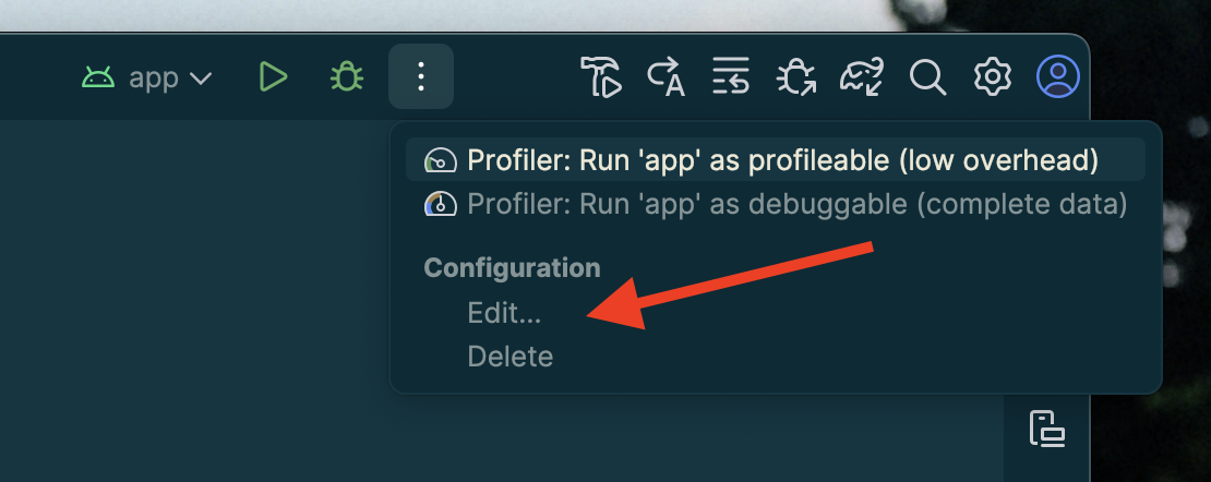 "Edit…" is the first option under the Configuration section of the drop-down list.