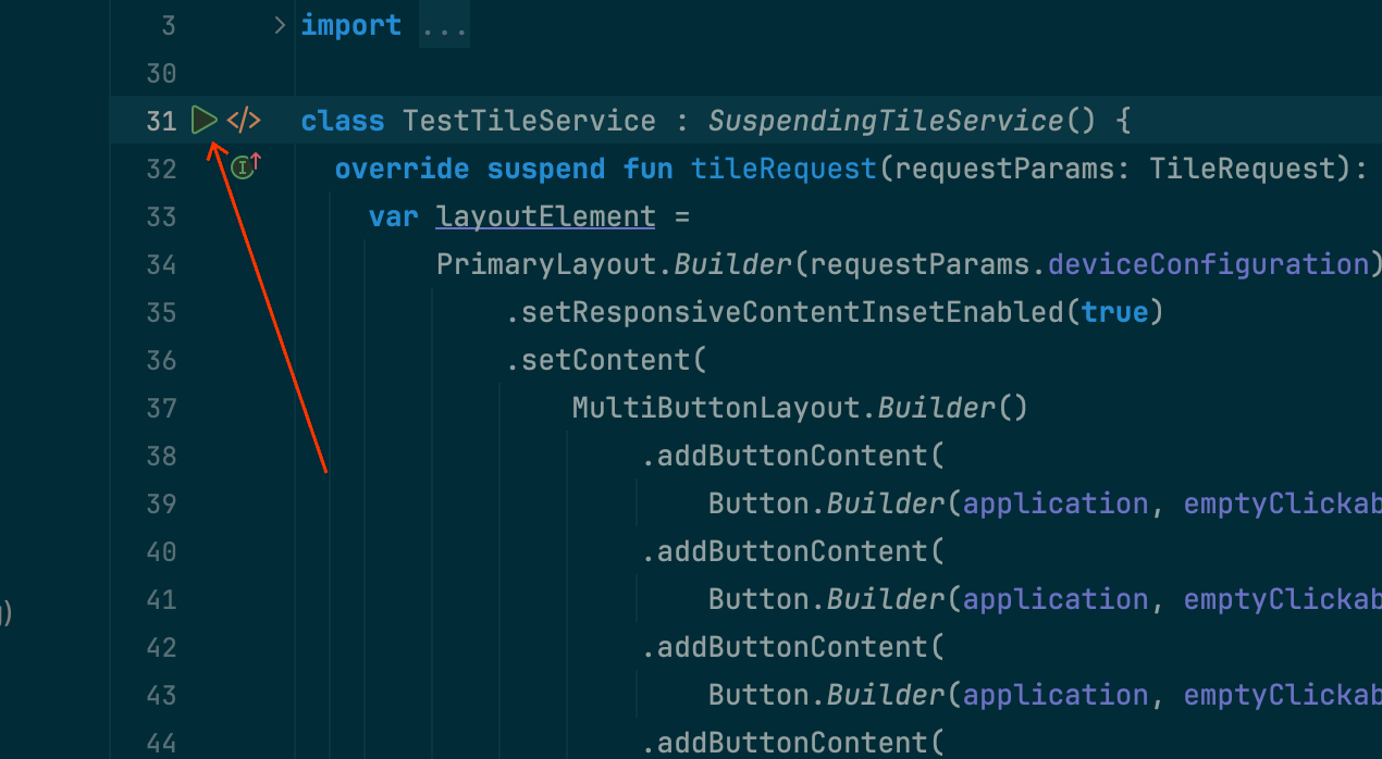 Screenshot with red arrow pointing to "▷" in the gutter
