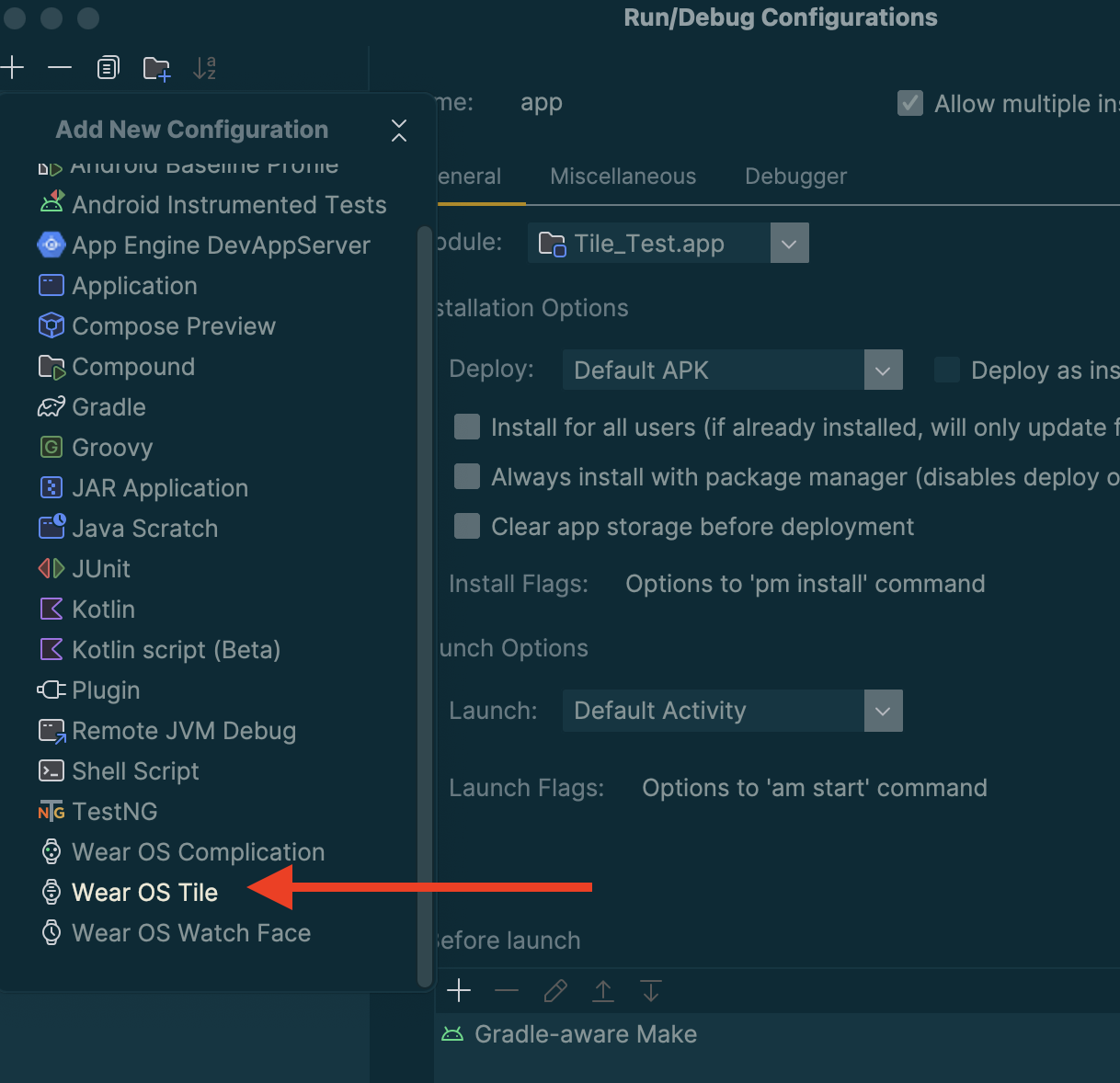 Screenshot with red arrow pointing to the "Wear OS Tile" configuration option.